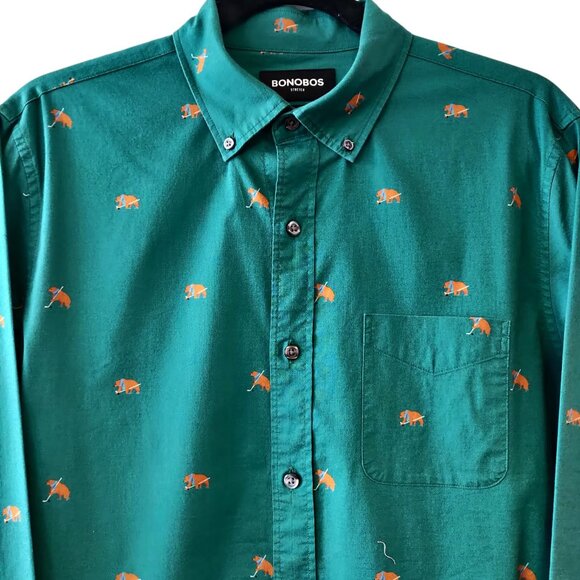 Bonobos Mens Size S Green Hockey Bear Print L/S Button Up Slim Fit Shirt Flaw - Picture 4 of 8
